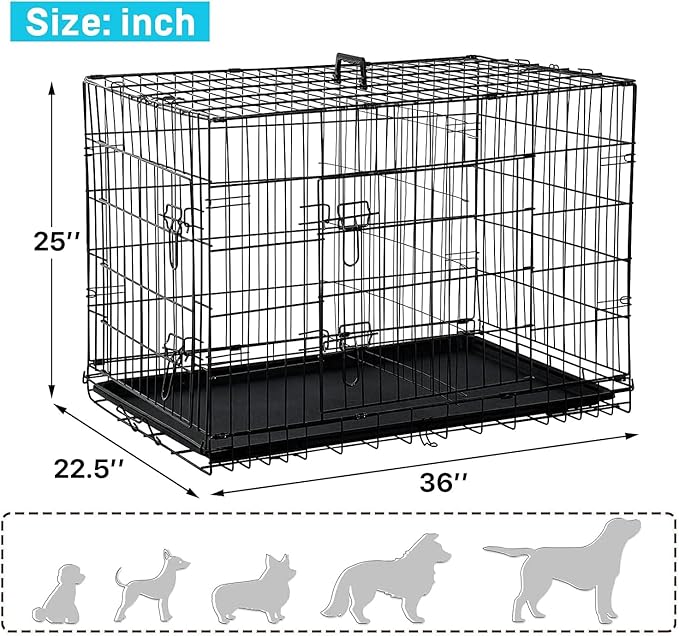 Dog Crate for Large Medium Small Dogs, Folding Dog Kennel Cage with Plastic Tray & Divider 48"/42"/ 36"/ 30"/ 24" Indoor Outdoor Metal Double Door Heavy Duty Dog Pen Enclosure, Black(36 Inch)