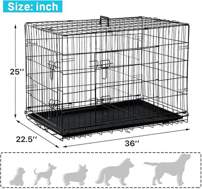 Dog Crate for Large Medium Small Dogs, Folding Dog Kennel Cage with Plastic Tray & Divider 48"/42"/ 36"/ 30"/ 24" Indoor Outdoor Metal Double Door Heavy Duty Dog Pen Enclosure, Black(36 Inch)