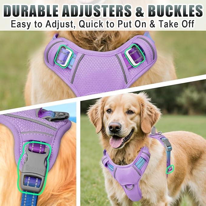BARKBAY No Pull Dog Harness Large Reflective Dog Harness with Front Clip and Easy Control Handle for Walking Training Running with ID tag Pocket(Lavender Sky,XL)