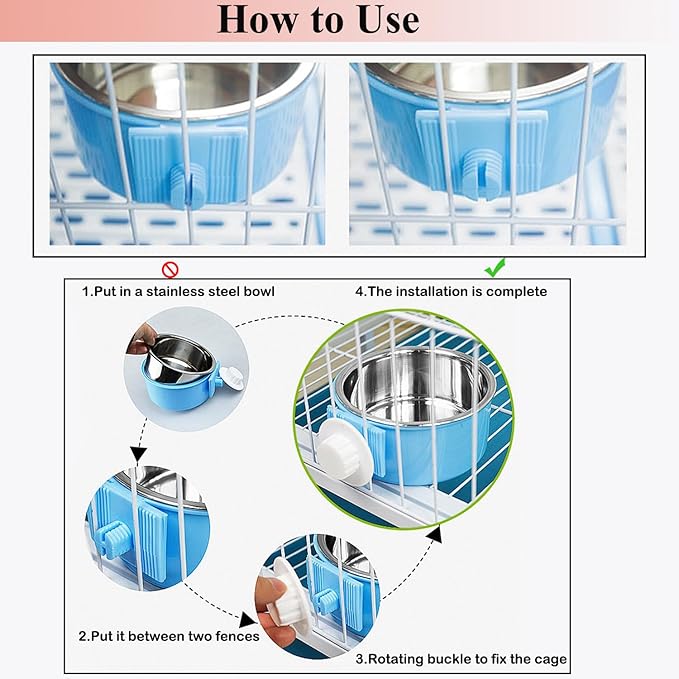 Mechpia 2 Pieces Crate Dog Bowl, Removable Stainless Steel Pet Kennel Hanging Food Water Feeder Bowl Cage Coop Cup for Puppy Medium Dog Cat Rabbit Ferret Bird (Blue,Red)