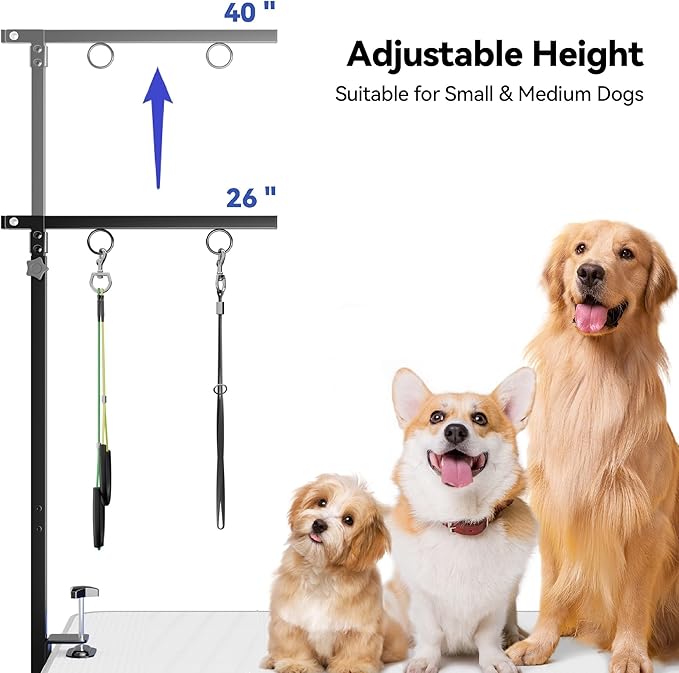 Foldable Dog Grooming Arm with Clamp: Adjustable Height 26"-40", Dog Grooming Table Arm with Hammock and No-Sit Holder, Grooming Restraint for Small Medium Dogs at Home or Salon