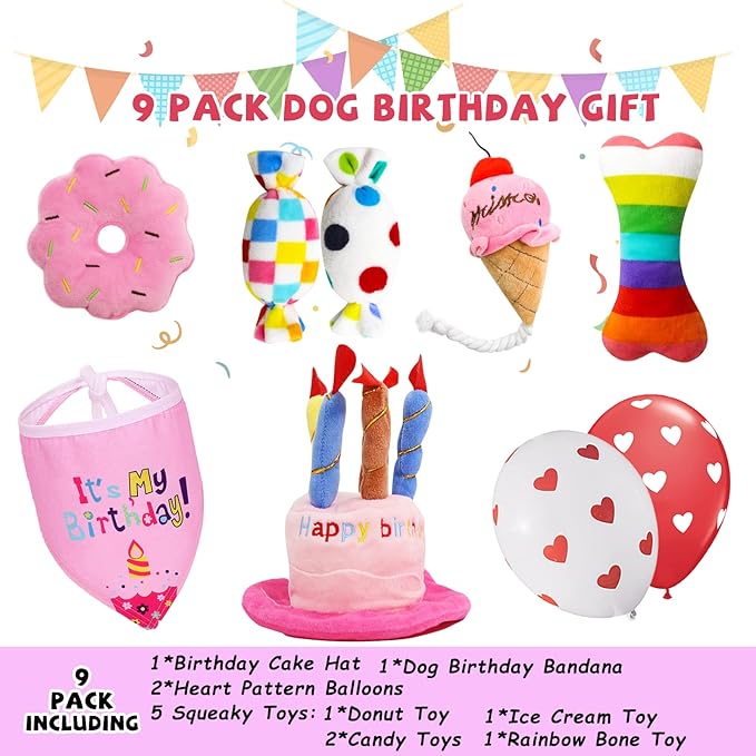 lilfrd Dog Birthday Toys Girl, Squeaky Plush Birthday Cake Hat Bandana, Birthday Gifts for Small & Medium Dog, 9 Pack Pink