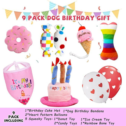 lilfrd Dog Birthday Toys Girl, Squeaky Plush Birthday Cake Hat Bandana, Birthday Gifts for Small & Medium Dog, 9 Pack Pink