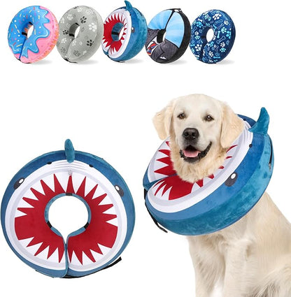SCENEREAL Dog Cone Alternative After Surgery Pet Recovery Collar for Small Medium Large Dogs Cats, Adjustable Inflatable Donut to Prevent Licking, Shark Print E-Collars