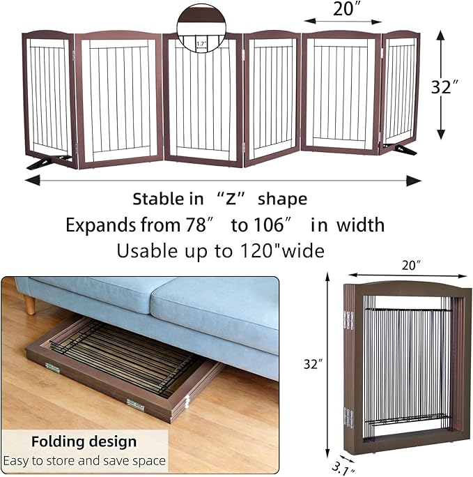 ZJSF Freestanding Dog Fence Indoor, Foldable Dog Gate for Doorways, Stairs or Hallways, Sturdy Wood Extra Wide Pet Gate with Support Feet for The House, Brown, 32 "Height-6 Panels