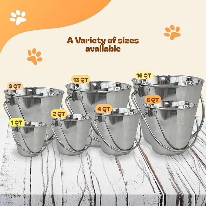 1 Quart Heavy Duty Stainless Steel Flat Side Bucket | Durable Food & Water Pail for Dogs, Cats, Kennels, Cages and Critter Crates | Multi-Purpose Bucket