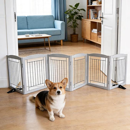 ZJSF Freestanding Dog Fence Indoor, Foldable Dog Gate for Doorways, Stairs or Hallways, Sturdy Wood Extra Wide Pet Gate with Support Feet for The House, Grey, 24 "Height-6 Panels