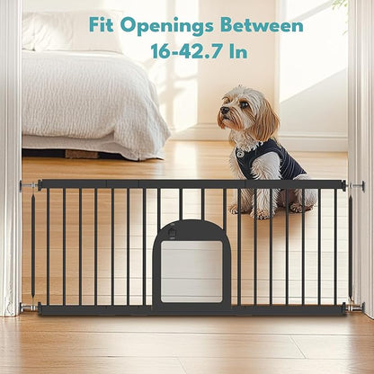No Pawblems Dog Gate with Small Pet Door, 16"-42.7" Adjustable Metal Short Dog Gate to Step Over, 16.5" Tall, with 3 Extension Kits, Pressure Mounted, for Doorways & Stairs, Black