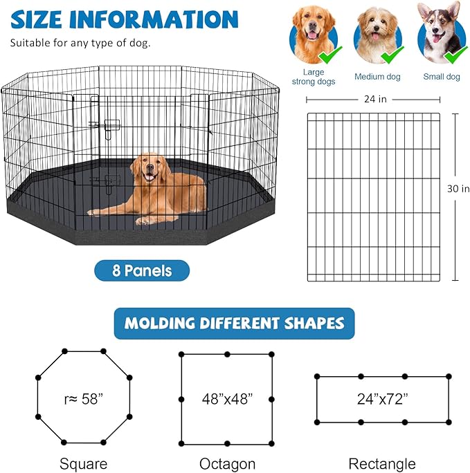 Dog Pen Pet Playpen Dog Fence Indoor Foldable Metal Wire Exercise Puppy Play Yard Pet Enclosure Indoor Outdoor 8 Panels 30 Inch with Bottom Pad/Top Cover