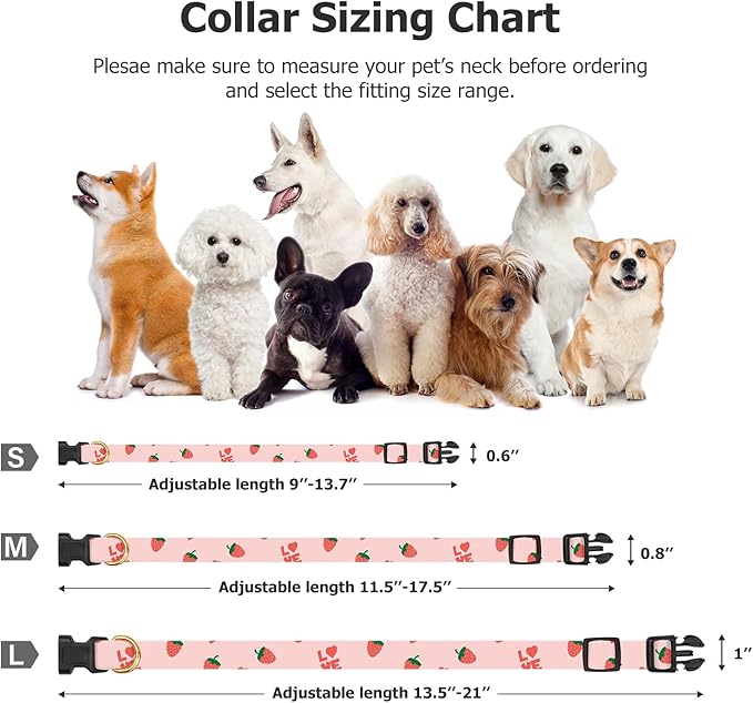 Cotton Handmade Dog Collar Cute and Distinctive Patterns Pink Strawberries with Pendant for Girl Boy Dogs Collars M