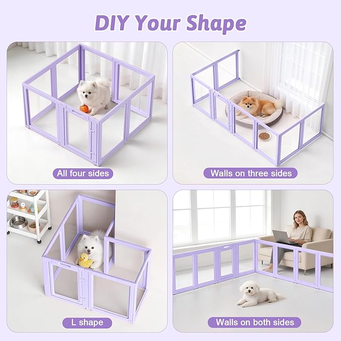 DIY Clear Acrylic Dog Playpen House,Quick Easy Assembly and Disassembly,Strong Floor Suction,Indoor and Outdoor Use,Easy Cleansing Puppy Fence (Purple, 23.6" H, 8PCS)