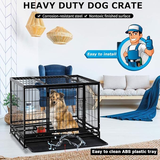 FDW Dog Crate Dog Cage Dog Kennel for Large Dogs Heavy Duty 42 Inches Pet Playpen for Training Indoor Outdoor with Plastic Tray Double Doors & Locks Design