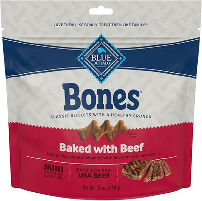Blue Buffalo Bones Natural Crunchy Dog Treats Mini Dog Biscuits Beef, 12oz. Bag, 4 Count