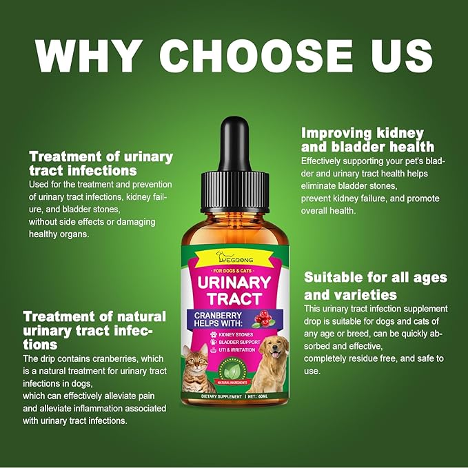 Cat & Dog Natural UTI Medicine, Cranberry Supplement for Dogs, Urinary Tract Infection Treatment Care Drops, Prevention Incontinence, Stones- Bladder Constipation Relief, Kidney Support for Pets