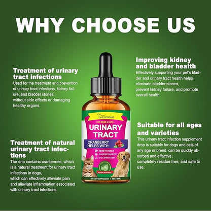 Cat & Dog Natural UTI Medicine, Cranberry Supplement for Dogs, Urinary Tract Infection Treatment Care Drops, Prevention Incontinence, Stones- Bladder Constipation Relief, Kidney Support for Pets