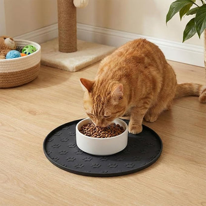 Silicone Dog Food Mat Small, 10.6'' Black Pet Food Mat, Round Dog Cat Foods Mats Small, Silicone Mats for Dogs Bowls, Waterproof Non-Slip Dogs Cat Water Bowl Placemat with Raised Edge
