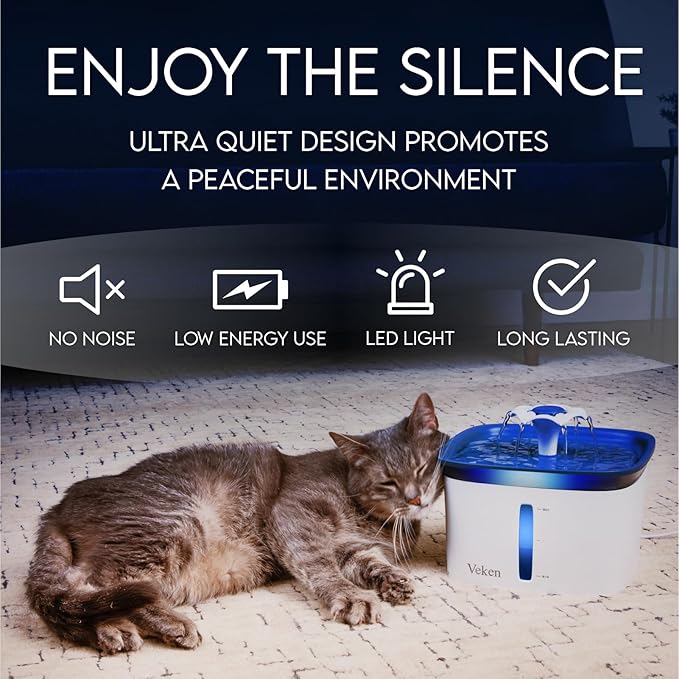 Veken Innovation Award Winner 95oz/2.8L Pet Fountain, Automatic Cat Water Fountain Dog Water Dispenser with 6 Replacement Filters & Silicone Mat for Cats, Dogs (Blue, Plastic)