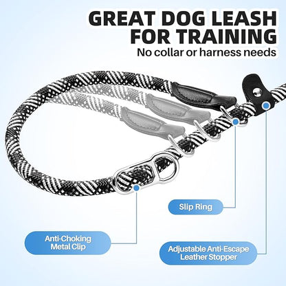 SlowTon Slip Lead for Dogs - Hands Free No Tangle Adjustable 5-7 FT 1/2” Rope, Heavy Duty Nylon Leash for Large Medium Dogs that Pull, No Pull Training Slip Leashes, 20-120lb, Black