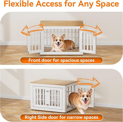 Snuowu 32" Heavy Duty Dog Crate Furniture for Small,Medium and Large Dogs,Rustic Wooden Dog Cage Kennel Indoor Furniture with Waterproof Top,Decorative Pet House Side End Table (White & Wood)