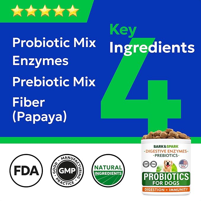 Bark&Spark Dog Probiotics & Digestive Enzymes (Gut Health) Allergy & Itchy Skin - Pet Diarrhea Gas Treatment Upset Stomach Relief, Digestion Health Prebiotic Supplement Tummy Treat (180Ct Chicken)
