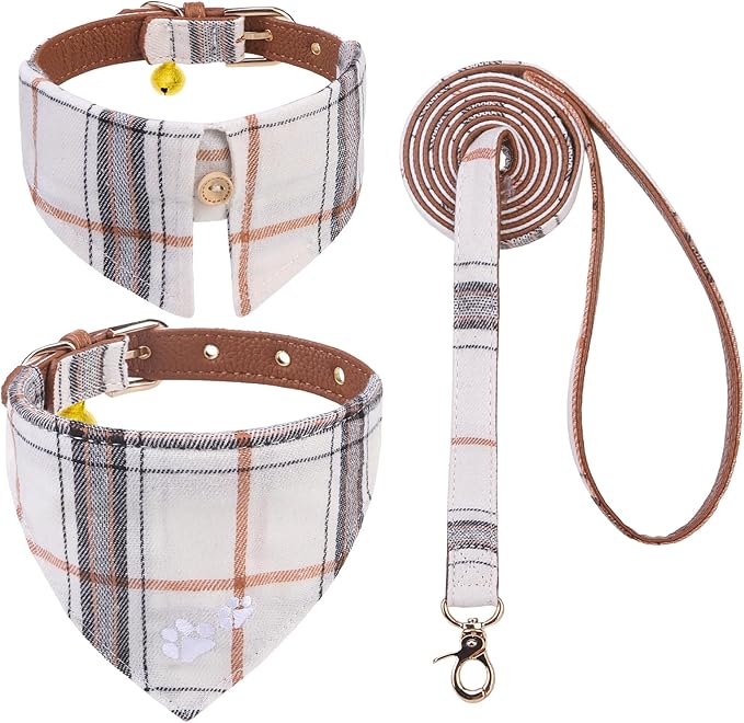 EXPAWLORER Puppy Collar and Leash - Embroidery Pawprints Plaid Small Dog Collars and Leash Set, Cute Bandana and Detachable Collar, Suitable for Small Dogs Cats Girl Boy, Cream XS