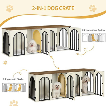 Hzuaneri 63" Dog Crate Furniture for 2 Dogs, Heavy Duty Indoor Dog Kennel TV Stand, L Wooden Dog Cage with Divider for Medium Large Dogs, End Table Dog Crate with Cushion, White Brown DFC80914BV1
