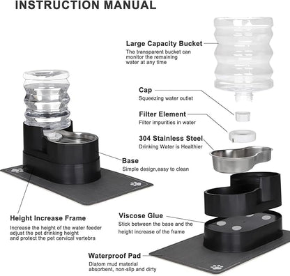 RIZZARI Automatic Cat Water Dispenser: Large 5L Black with Stainless Steel Bowl - Spill-Proof Design - Extra-Wide Elevated Feeder - Eases Drinking for Senior Dogs with Joint/Spine Issues - Home Use