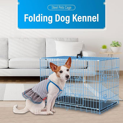 Dog Crate 36" Metal Wire Dog Cage Double Door Folding Dog Kennel with Divider Panel, Leak-Proof Plastic Pan, Foldable Travel Pet Crate for Small Medium Breed Dogs Animals,Blue
