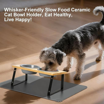 LEAWALK Upgraded Adjustable Height Cat Food Bowls Stand Ceramic Dog Bowls and Slow Feeder Cat Bowl, 15°Tilted Stand Anti Vomiting Raised for Small and Medium Sized Cats Dogs (Grey (2 Bowl+Pet mat))