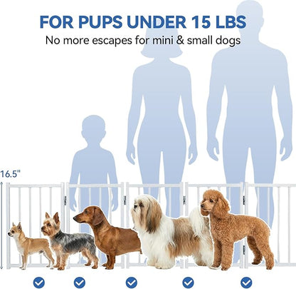 BFNN Free Standing Foldable Dog Gate, 16.5" High Step-Over Metal Short Pet Gate, Up to 96" Wide Puppy Fence for Stairs and Doorways, Indoor & Outdoor Use, No Drilling and No Assembly, White