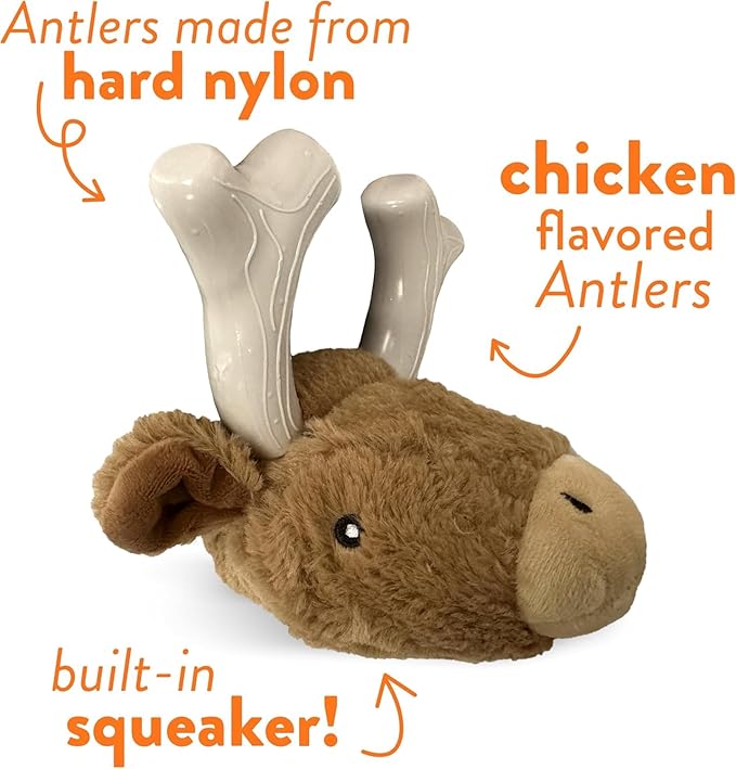 Spunky pup Knucklehead Durable Dog Toy - 2-in-1 Plush & Chew Toy for Aggressive Chewers, Chicken-Flavored Dental Chew, Durable Double-Stitched Squeaker- Deer