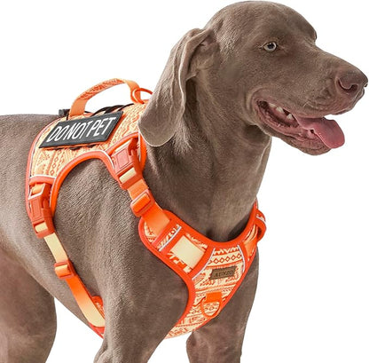 Orange Tactical Dog Harness with Ethnic Pattern for Big Dog, Like English Bulldog Doberman Husky Rottweiler Labrador, Easy to Put on and Take Off, No Pull Easy Walk Escapeproof No Choke, Large