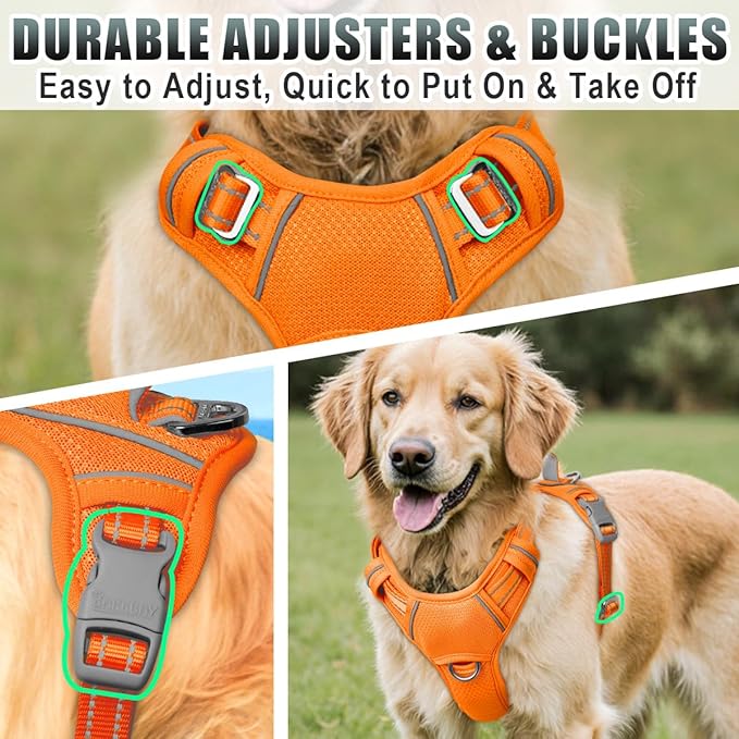BARKBAY No Pull Dog Harness Large Reflective Dog Harness with Front Clip and Easy Control Handle for Walking Training Running with ID tag Pocket(Orange,L)