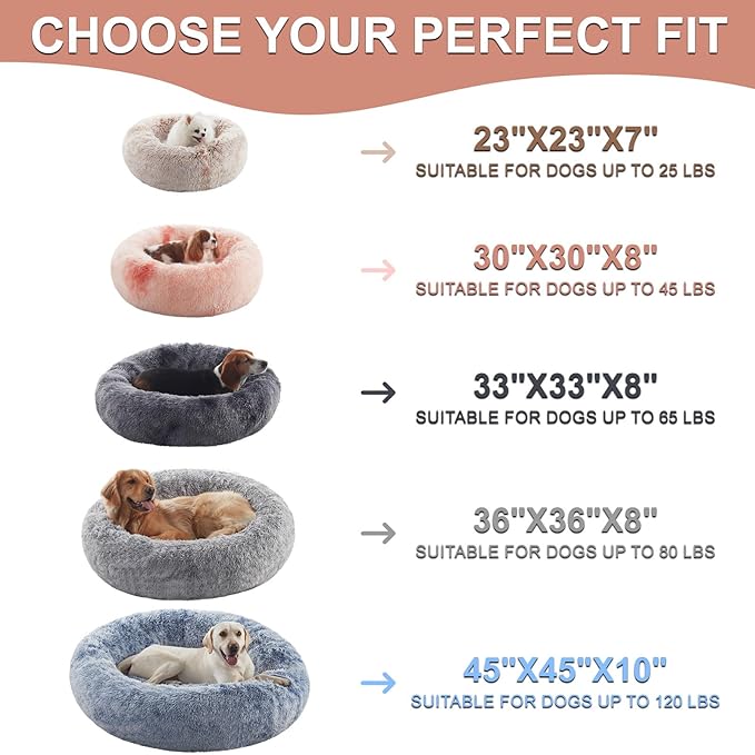 33 inches Donut Dog Bed for Medium Large Dogs,Calming Fluffy Round Pet Bed with Removable & Washable Cover,Fits up to 65 lbs Pets(Brown,M Plus)