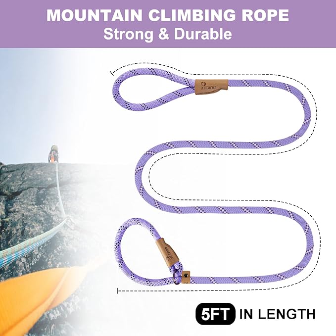 5 FT Slip Lead Dog Leash, Heavy Duty Rope Leash for Small Medium Large Dogs, No Pull Training Lead with Reflective Thread, Strong Comfortable Loop Leash (Lavender Stripe, Medium(3/8"))
