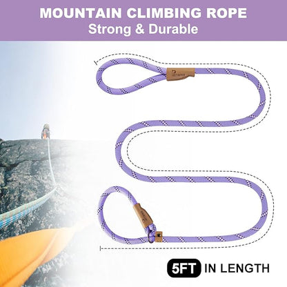 5 FT Slip Lead Dog Leash, Heavy Duty Rope Leash for Small Medium Large Dogs, No Pull Training Lead with Reflective Thread, Strong Comfortable Loop Leash (Lavender Stripe, Medium(3/8"))