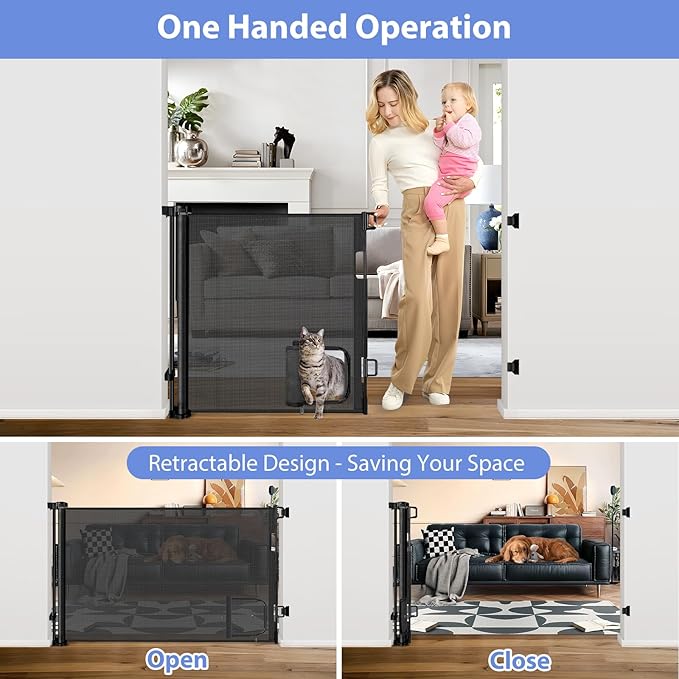 Retractable Baby Gates with Cat Door 80" Wide Retractable Dog Gate with Pet Door Outdoor Retractable Gate for Dogs Retractable Pet Gate with Door Mesh Baby Gate Retractable Mesh Dog Gate (Black)
