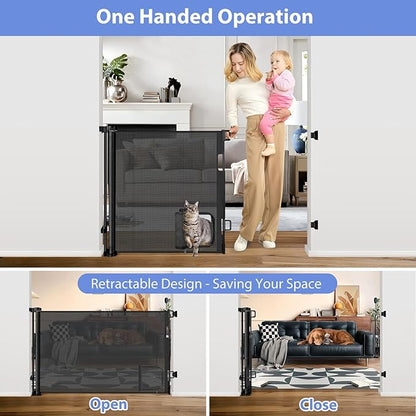Retractable Baby Gates with Door 55" Wide Retractable Dog Gate with Pet Door Outdoor Retractable Gate for Dogs Mesh Baby Gate Retractable Pet Gate with Cat Door Retractable Child Gates for Doorways