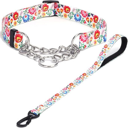 Martingale Dog Collar with Stainless Steel Chain - Limited Chain Cinch Training Collar for No Pull Training Dog - Flower Multicolor Cute Patterns - Premium No Slip Collar (XL, White Set)