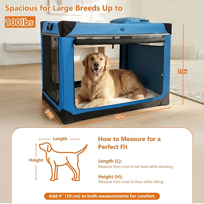 Ownpets Collapsible Dog Crate, 42 inch Portable Travel Dog Crate for Large Dogs, 4-Door Foldable Pet Kennel with Durable Mesh Windows & Soft Mat, Blue