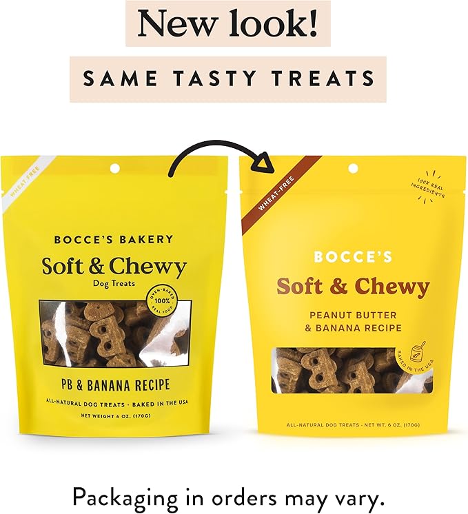 Bocce's Bakery Oven Baked PB & Banana Recipe Treats for Dogs, Wheat-Free Everyday Dog Treats, Real Ingredients, Baked in The USA, Natural Soft & Chewy Cookies, Peanut Butter & Banana, 6 oz