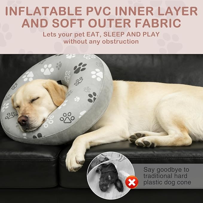 SCENEREAL Dog Cone Alternative After Surgery Donut Collar, Soft Pet Recovery Pillow Collar for Medium Large Dogs, Inflatable Adjustable Neck Collars to Prevent Licking, Grey Footprints L