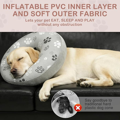 SCENEREAL Dog Cone Alternative After Surgery Donut Collar, Soft Pet Recovery Pillow Collar for Medium Large Dogs, Inflatable Adjustable Neck Collars to Prevent Licking, Grey Footprints L