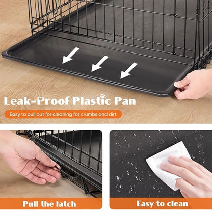 Dog Crate Kennel, 42 Inch Metal Pet Cage Double Door W/Divider Panel, Folding Travel Indoor Outdoor Dog Kennel Leak-Proof Plastic Tray Wire Animal Cage