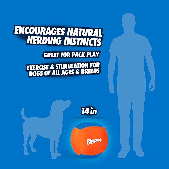 Chuckit! Big Air Fetch Ball Dog Toy (14 Inch) Herding Instincts Dog Toy, for Interactive, Non-Chewing Activities, for All Breeds, Inflating Pump Included