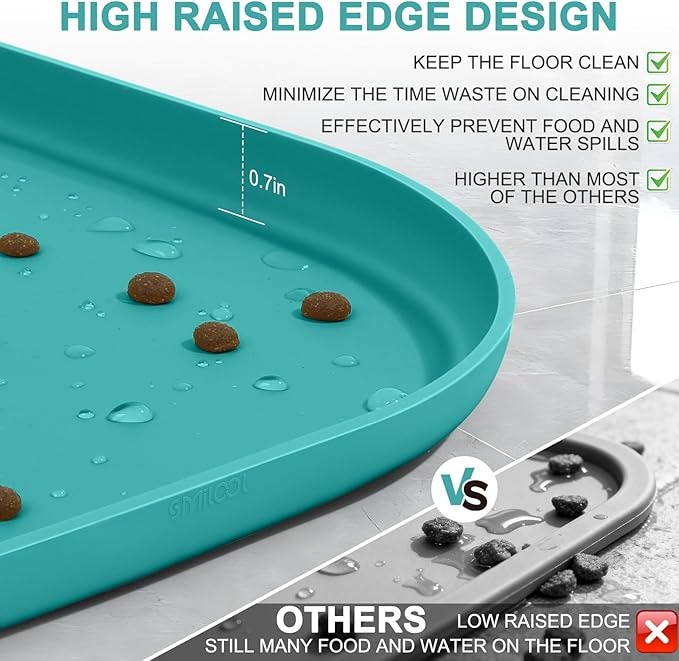SMILOOL Small Silicone Pet Food Mat with Raised Edge for Food and Water Bowl, Square Dog Feeding Mats, Cat Food Trays for Floor Waterproof, Rubber Tray for Dogs and Cats, 12 x 12 x 0.7 Dark Turquoise