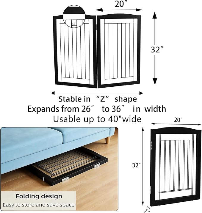 ZJSF Freestanding Dog Fence Indoor, Foldable Dog Gate for Doorways, Stairs or Hallways, Sturdy Wood Extra Wide Pet Gate with Support Feet for The House, Black, 32 "Height-2 Panels