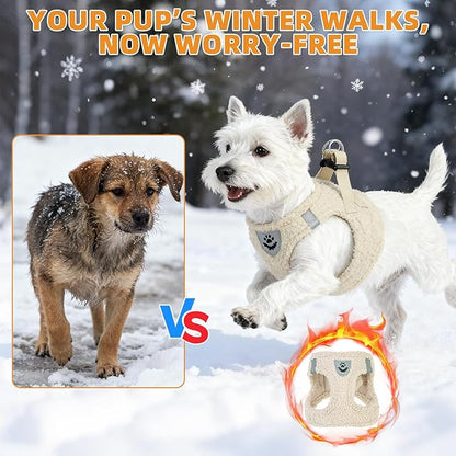 KOOLTAIL Plush Small Dog Harness and Leash Set, Warm Fleece No Pull Puppy Vest for Winter, Lightweight Reflective Step in Pet Harness for Medium Sized Dogs Boy Girl Outdoor Walking Cute Soft, Beige M