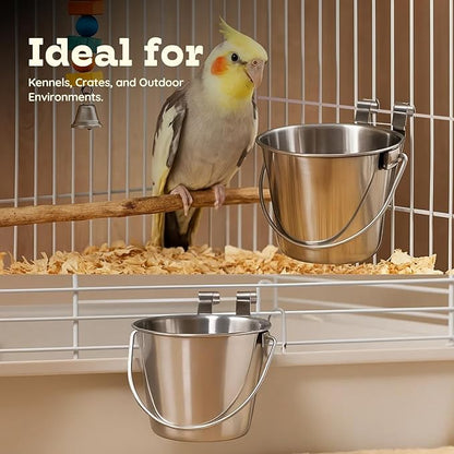 1 Quart Stainless Steel Flat Sided Bucket with Dual Hooks | 2 Pcs Durable Food & Water Bowl for Dog Cats Bird & Small Animals | Fits kennel Cage Crates Hanging Pet Pail | Multipurpose use