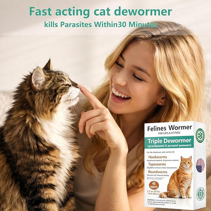 Cat Dewormer for Cats & Kittens –Broad Spectrum Triple Wormer Tablets with Praziquantel & Pyrantel Pamoate for Tapeworms, Roundworms & Hookworms, 48 Tablets